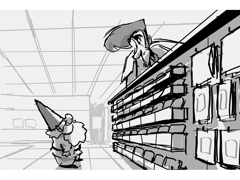 A black-and-white sketch of a store scene with shelves and a person leaning contemplatively on a shelf.