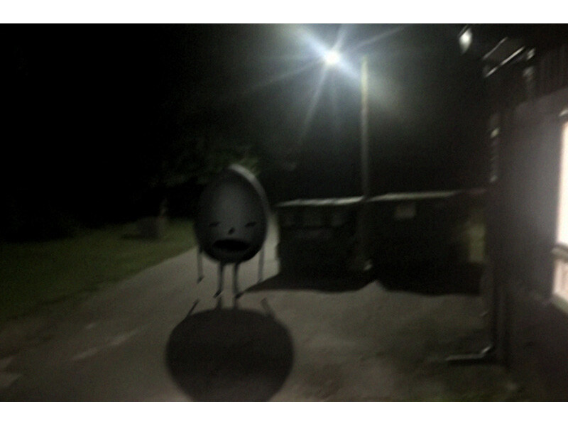 A cartoonish egg-shaped character in a dimly lit alley at night with nearby dumpsters and a streetlight.