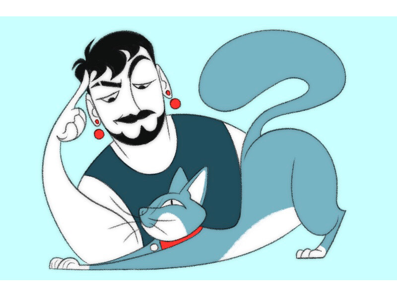 Illustration of a person with dark hair and a large blue cat against a light cyan background.