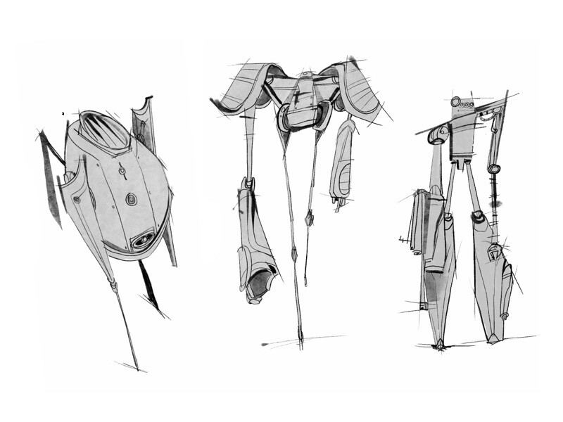 Concept sketches of three robotic designs with distinct shapes and appendages.