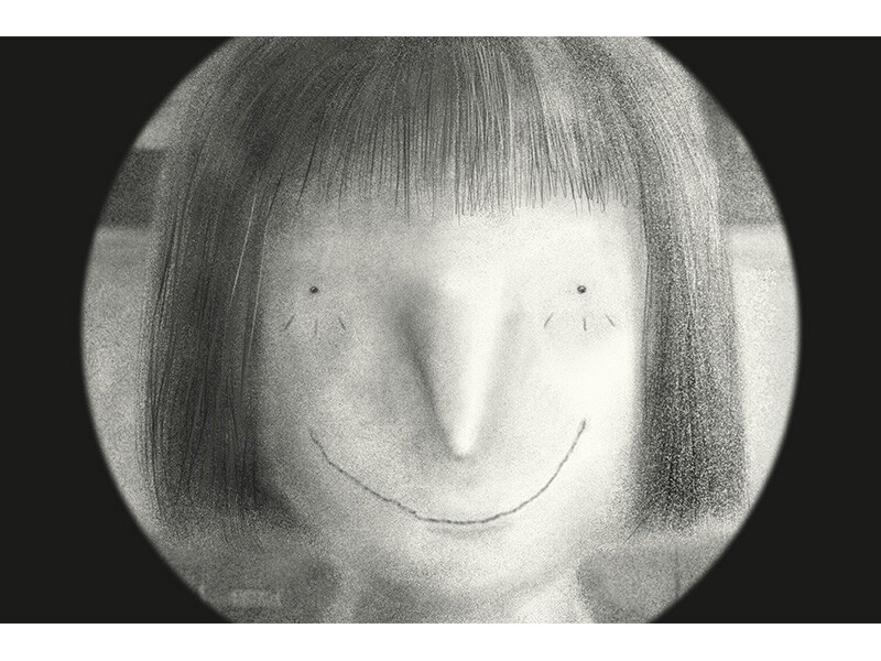 A monochrome illustration of a smiling face with simplistic features and straight hair.