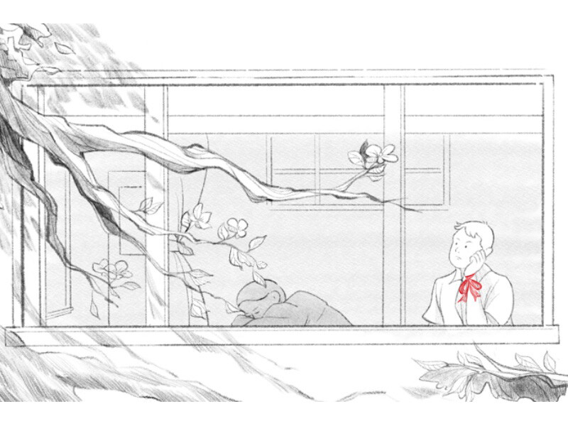 A pencil sketch of two people seen through a window, one asleep, the other looking out pensively, with tree branches in the foreground.