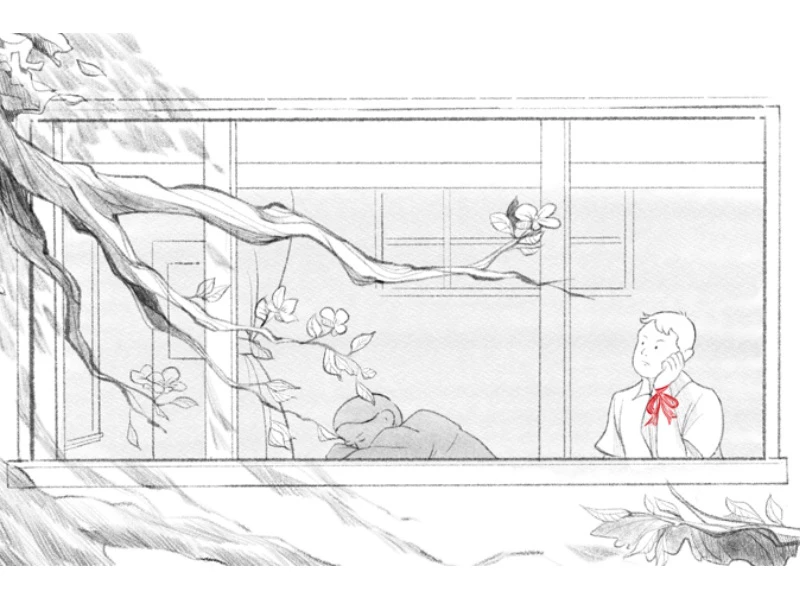 A pencil sketch of two people seen through a window, one asleep, the other looking out pensively, with tree branches in the foreground.