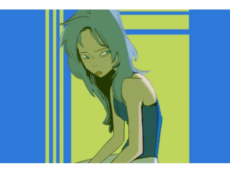 A digital illustration of a character with blue and green hues against a striped geometric background.