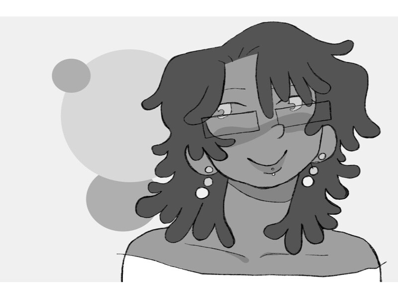 Grayscale illustration of a person with wavy hair, glasses, earrings, and a lip piercing.