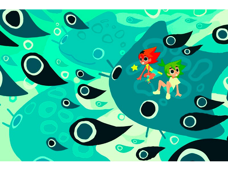 Animated scene with characters on stingrays underwater.