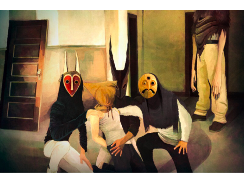 A surreal scene with four masked figures surrounding a small person in a room.