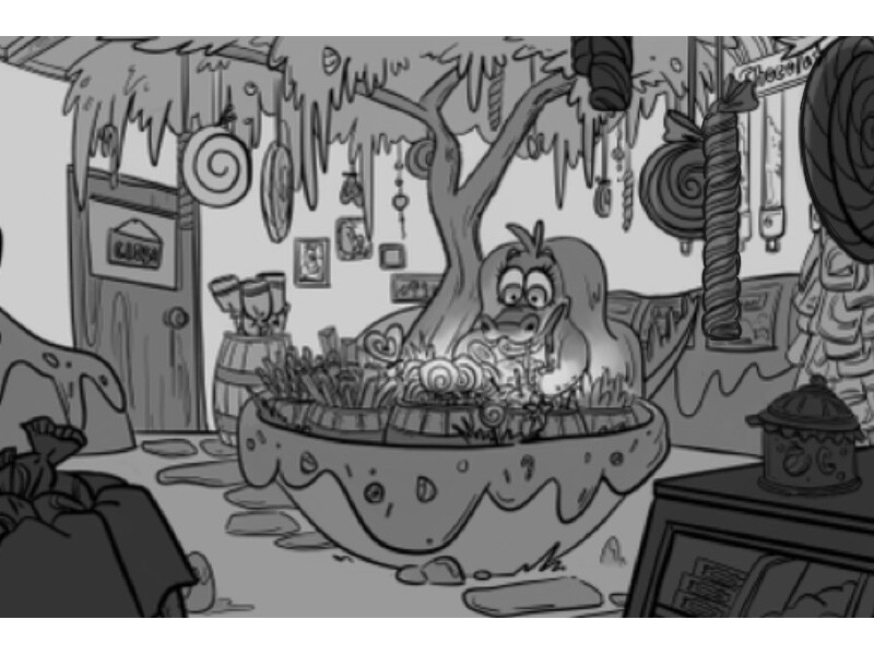 A black-and-white illustration of a candy shop with a cheerful alligator behind a candy-filled barrel.