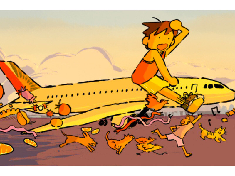 A whimsical illustration of a large cartoon character riding an airplane wing surrounded by cats and playful objects.