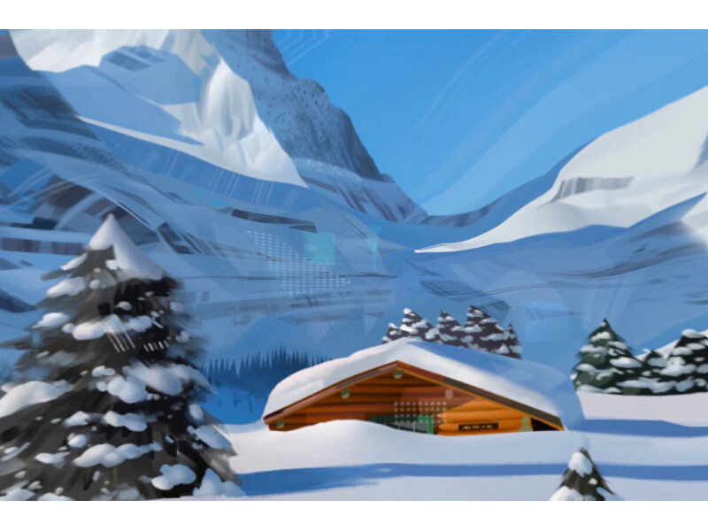 A wooden cabin surrounded by snow-covered trees in front of a mountain range under a blue sky.