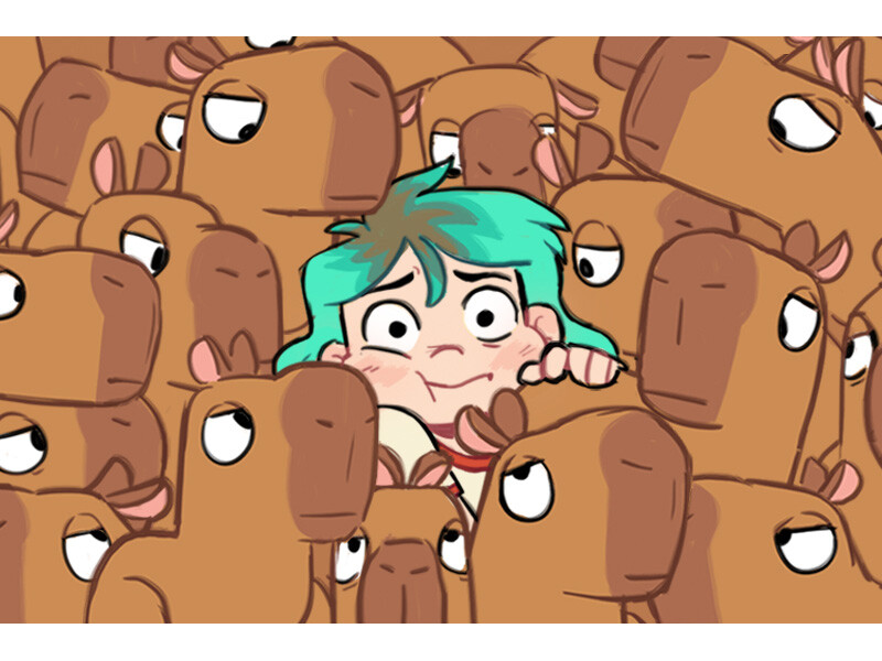 Cartoon character with blue-green hair surrounded by capybaras.