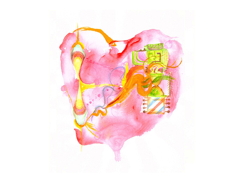 Abstract heart-shaped watercolor with pink, yellow, and green patterns.