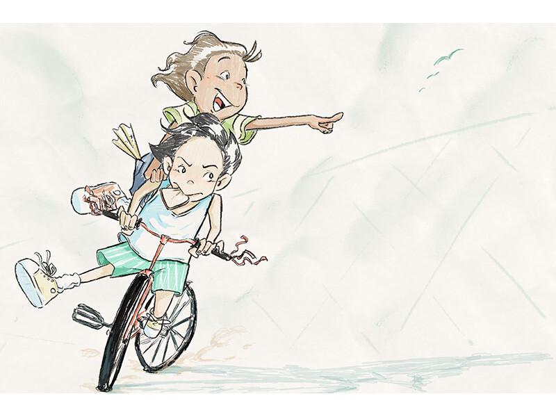 Two children on a bicycle, with one pedaling and the other sitting on the back, pointing.