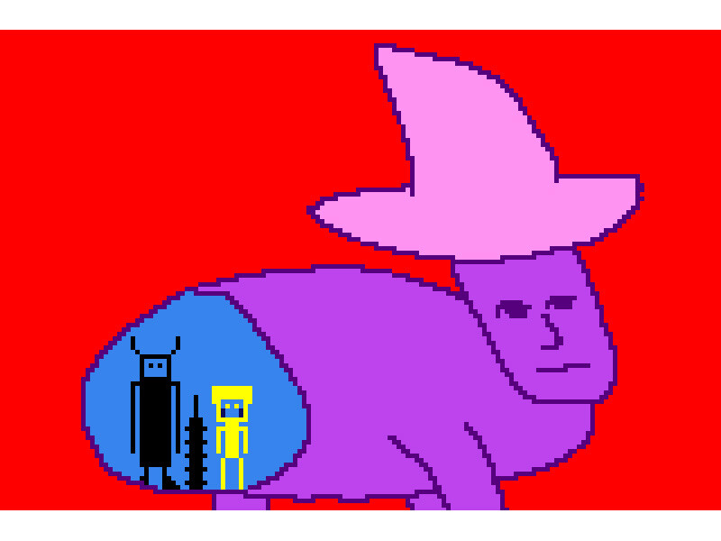 Pixelated purple creature with a pink witch's hat, featuring two blocky figures inside, on a red background.