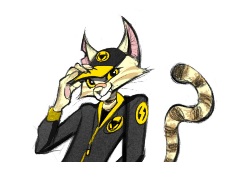 Anthropomorphic cat in a black and yellow uniform with a lightning bolt emblem.