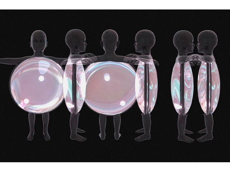 Three humanoid figures encased in translucent iridescent orbs, standing in profile against a black background.