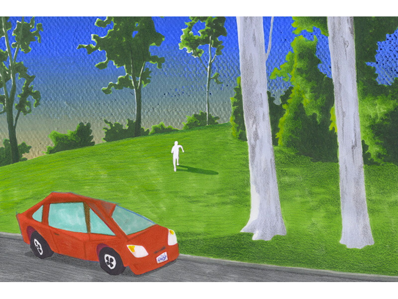 A red car parked beside a grassy hill with a white silhouette of a person, two tall white trees, and a blue sky.