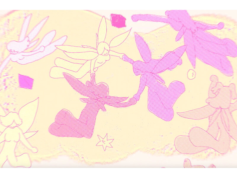 Stylized pink fairy figures on a yellow background with abstract shapes.