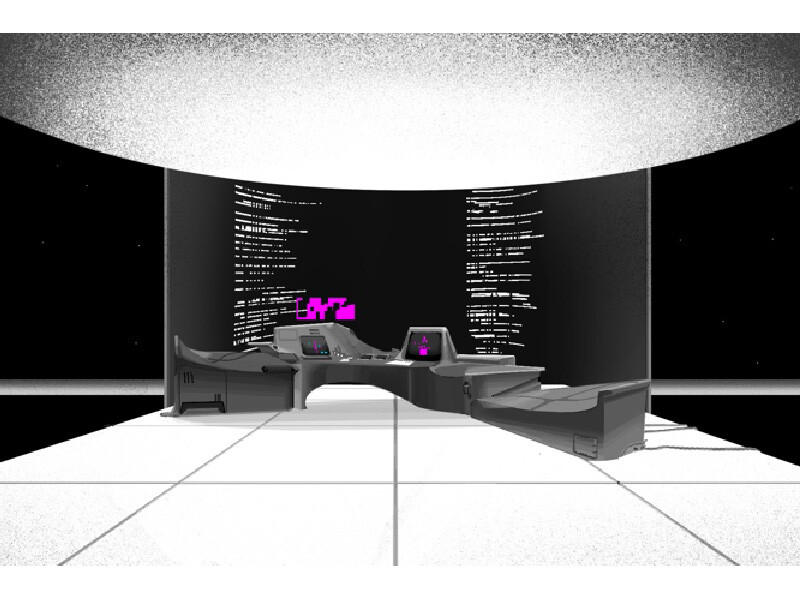 Futuristic control room with a semi-circular console, black background, and pink-screened displays.