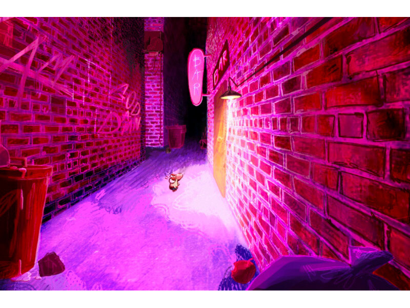 Narrow brick alleyway with neon "BAR" sign, graffiti, and vibrant purple lighting.