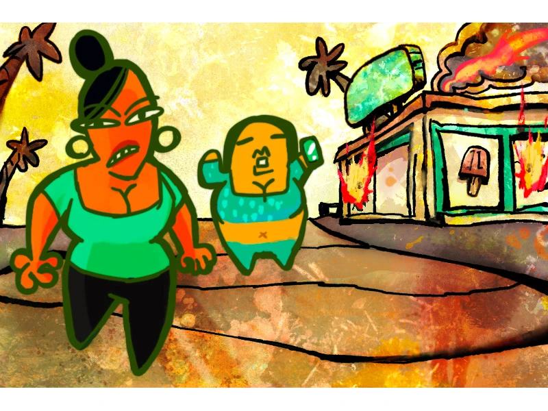 Cartoon of two characters in front of a burning ice cream shop.