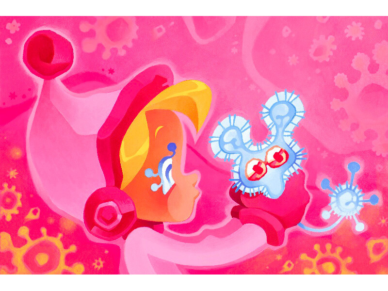 A cartoon character in pink examines a blue molecular structure against a pink background with organic patterns.