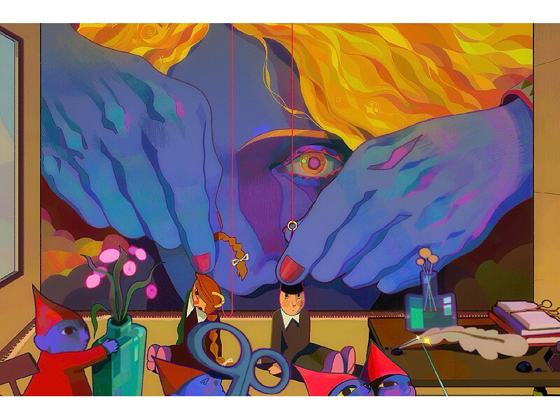 A surreal scene with a giant face, marionettes, and gnome-like figures in a colorful room.