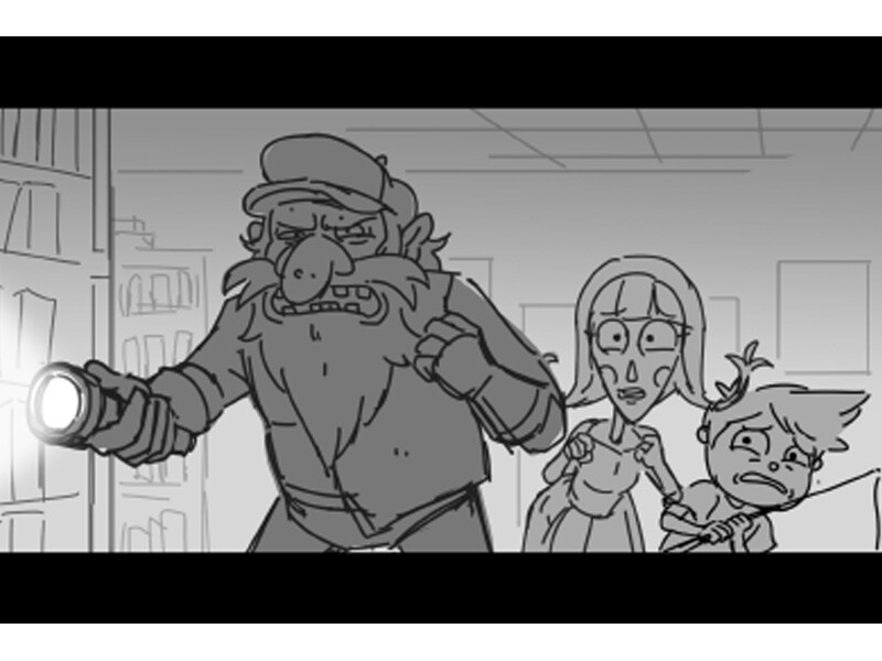 Black and white storyboard of a bearded man with a flashlight, a surprised woman, and a worried child in a room with shelves.