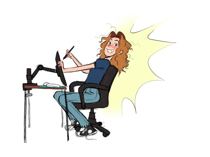 Cartoon illustration of a smiling person drawing on a tablet at a desk.