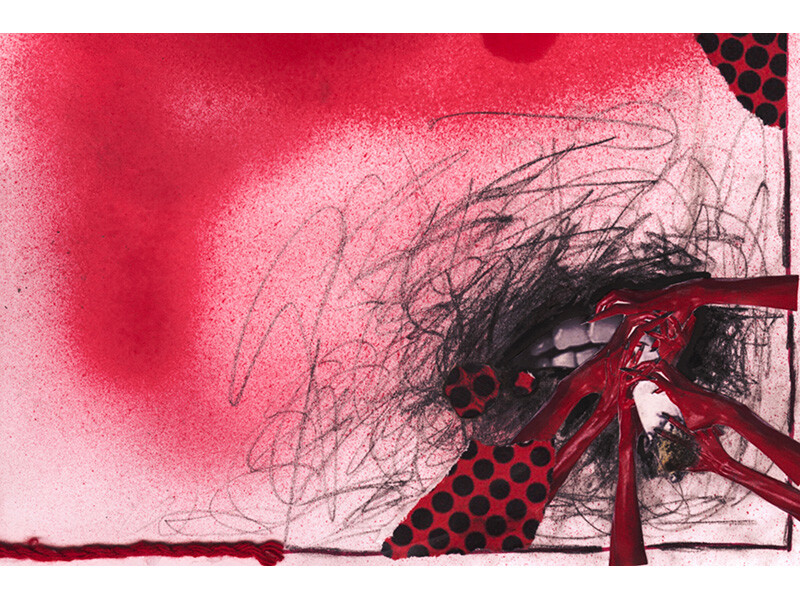 Abstract artwork with red and black scribbles, polka-dotted patches, and red painted shapes.