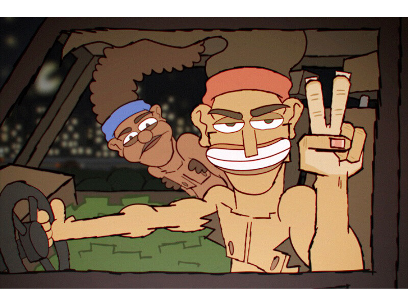 Two animated characters in a vehicle, one smiling with a peace sign and the other driving, with a cityscape in the background.