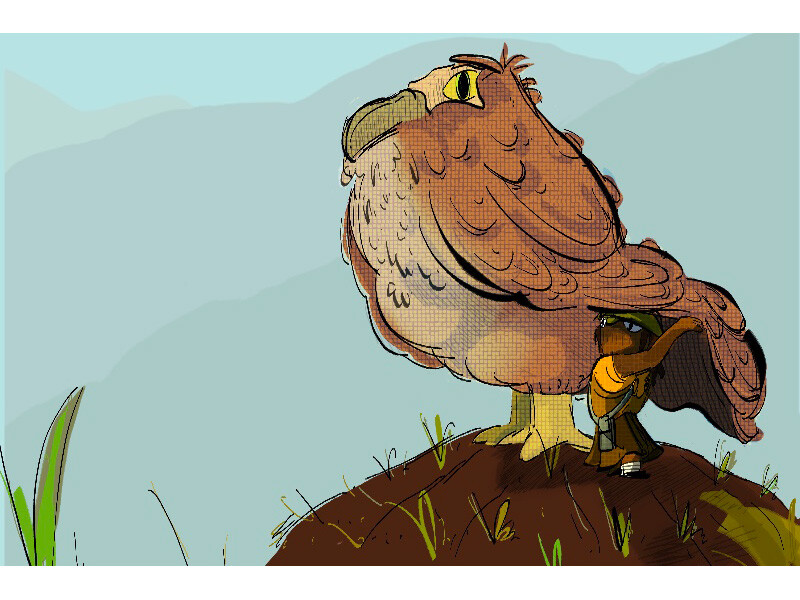 Large brown cartoon bird with small character in cape, standing on hill.