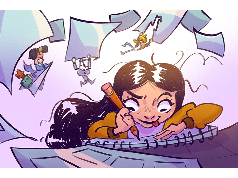 A young girl writing in a notebook with flying papers and playful characters around her.