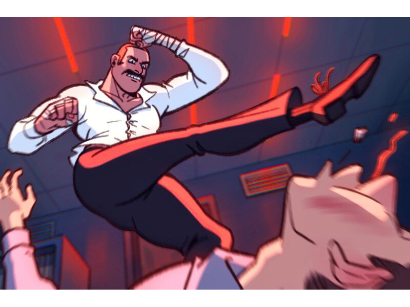 An animated scene of a man delivering a powerful kick in a room with red lighting.