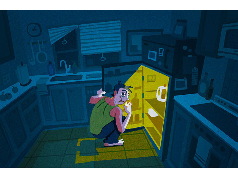 A cartoon character kneels in front of an open, brightly lit refrigerator in a dimly lit kitchen.