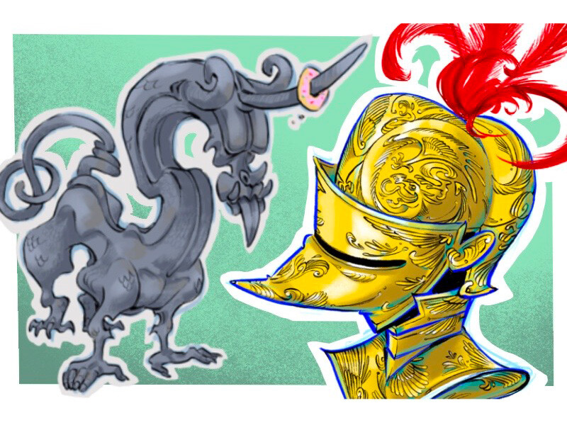 A stylized mythical creature and a golden helmet with a red plume.