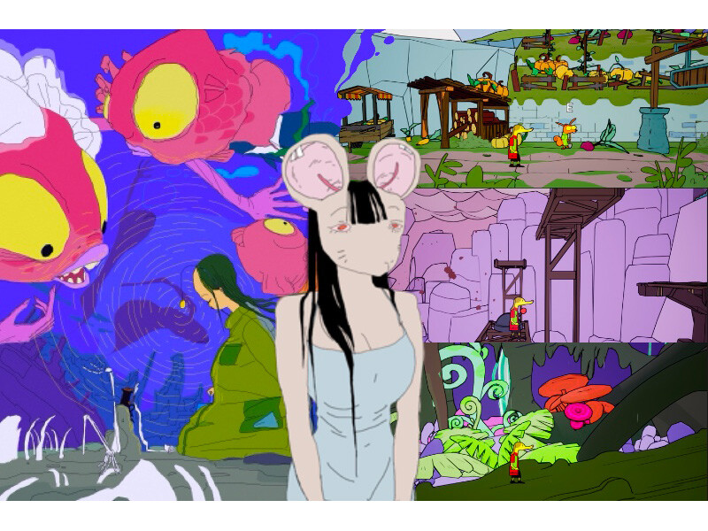 A surreal animated collage featuring a character with animal ears in front of scenes with colorful fish, a marketplace, and a lush floral area.