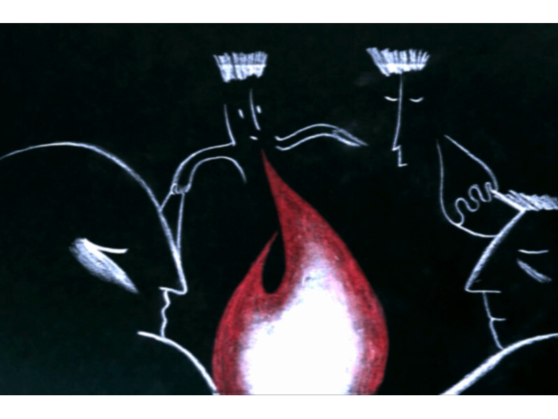 An abstract illustration of three stylized human figures around a flame.