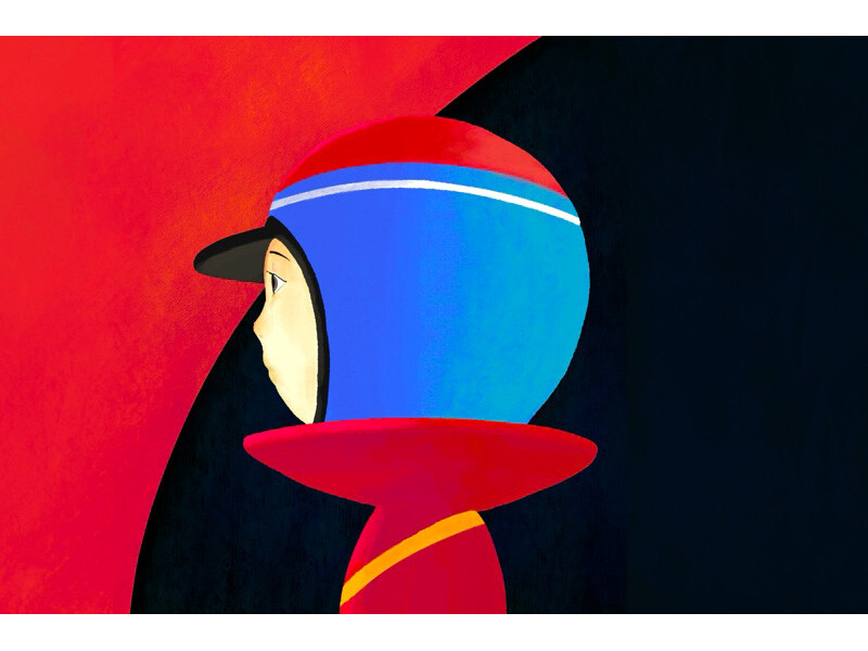 Stylized side profile of a figure in a red and blue helmet with a red and black background.