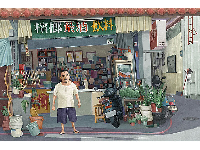 A small shop with a man standing in front, surrounded by potted plants and a scooter.