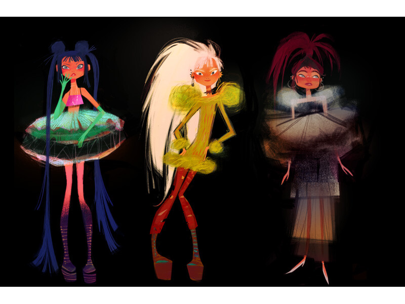 Three animated characters in colorful, avant-garde outfits against a black background.