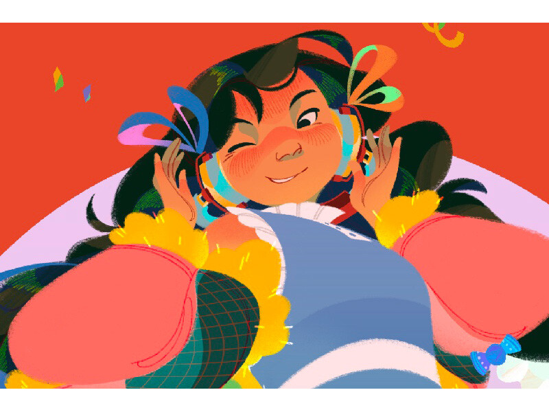 Illustration of a character with headphones, vibrant ribbons, and colorful attire.