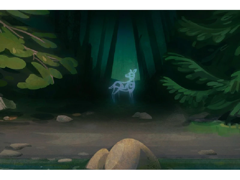 A glowing white deer stands in a dark forest at night.