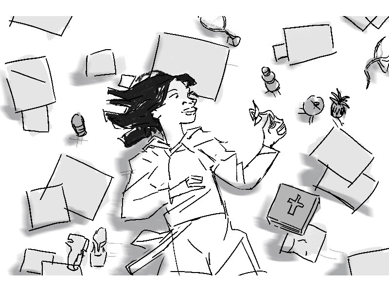 A sketch of a person lying amid floating objects like papers, a book, and a pineapple.