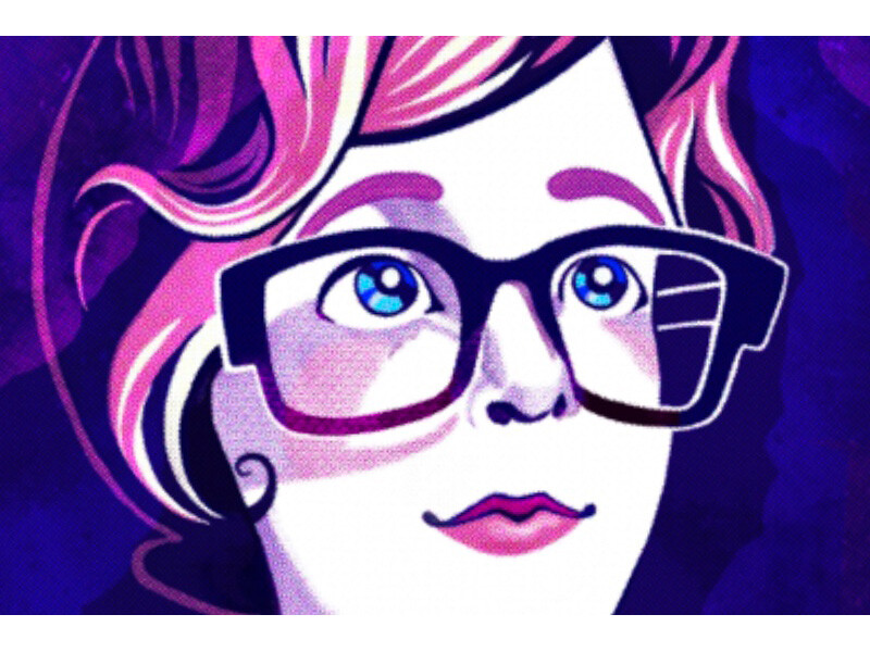 Stylized illustration of a person with pink hair and large glasses on a dark purple background.