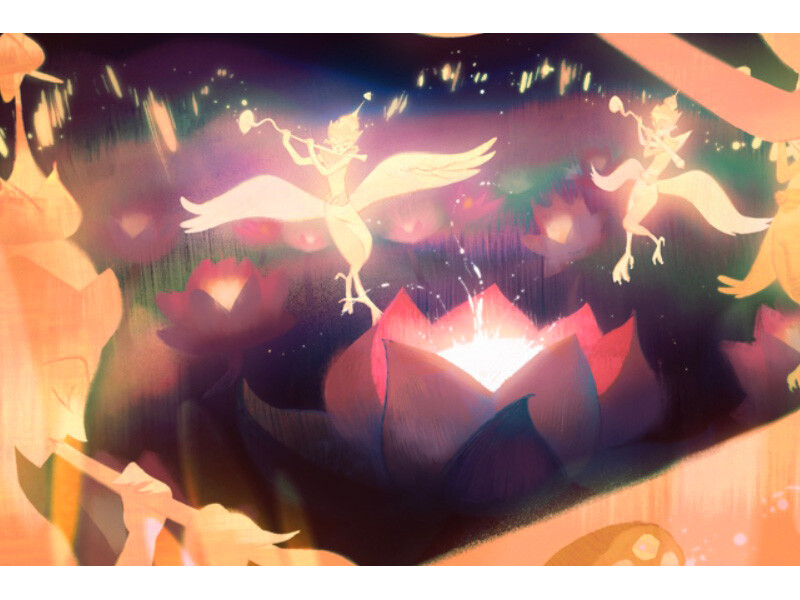 An ethereal scene of fairies dancing around a glowing lotus in a mystical, dark setting.