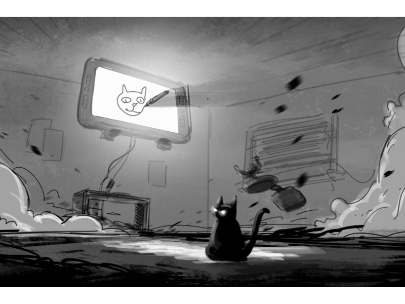 A surreal grayscale illustration of a cat watching a digital drawing tablet with a cat face on the screen.