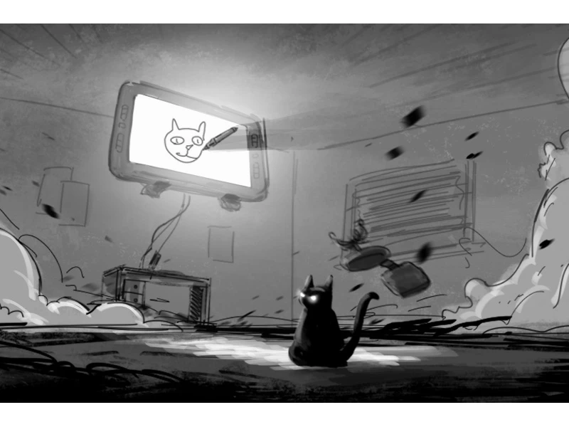 A surreal grayscale illustration of a cat watching a digital drawing tablet with a cat face on the screen.