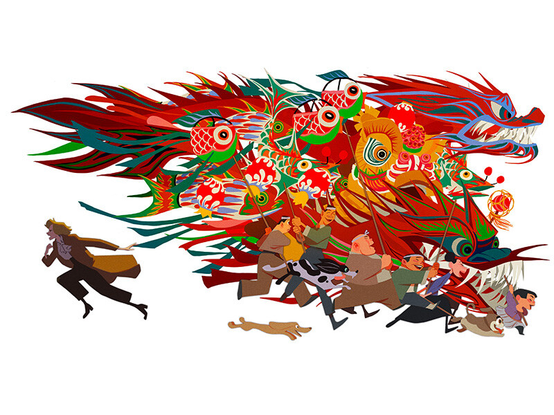 Colorful dragon dance with people running beneath a vibrant dragon.