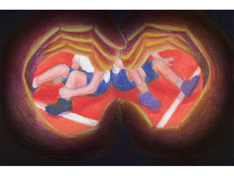 A surreal illustration of two wrestlers on a red mat, viewed through binoculars.